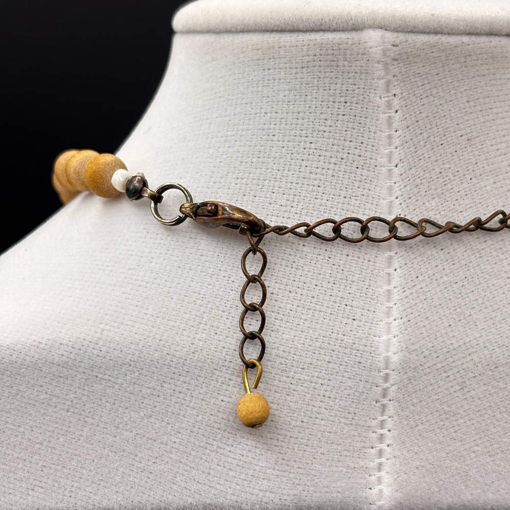 Vintage Yellow Agate Style Pendant Necklace Wood Bead Shell Chip Boho Statement - Picture 11 of 13